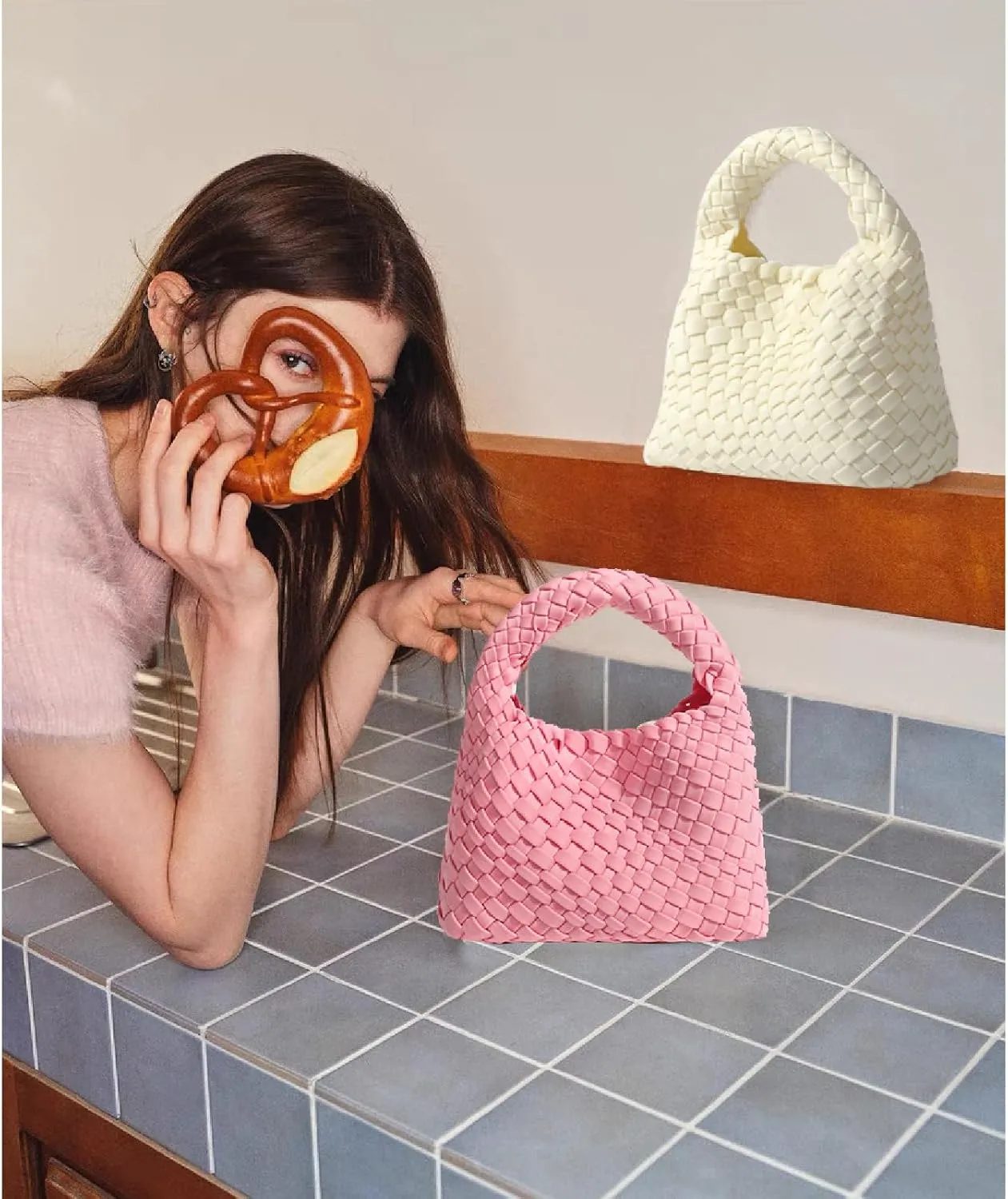 JINMANXUE Fashion Handbag for Women, Woven Tote Bucket Composite Bag, Knitting Chain Crossbody Shoulder Purse