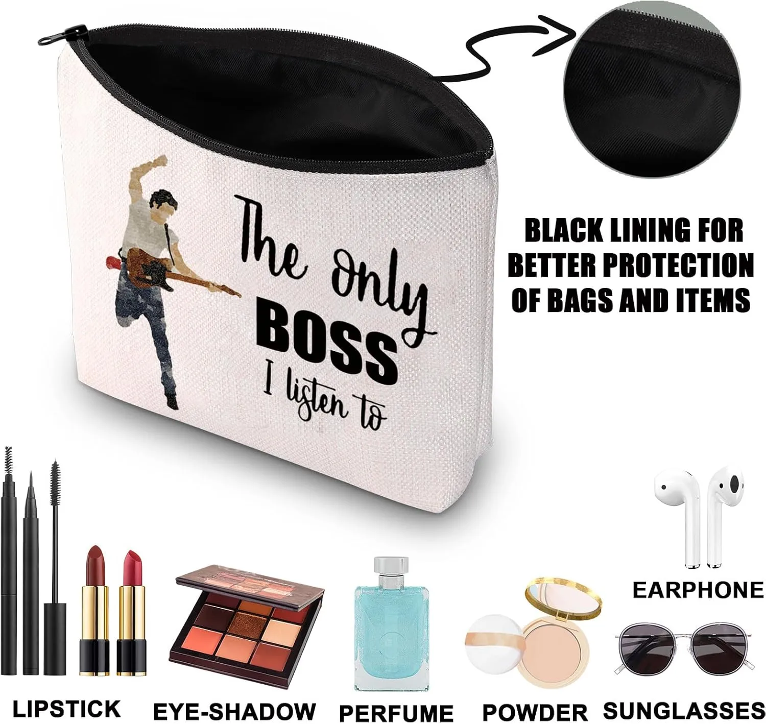 JNIAP Singer Fans Cosmetic Makeup Bag Rock Music Lover Gifts The Only Boss I Listen To Music Zipper Pouch Bag Singer Merchandise (the only boss)