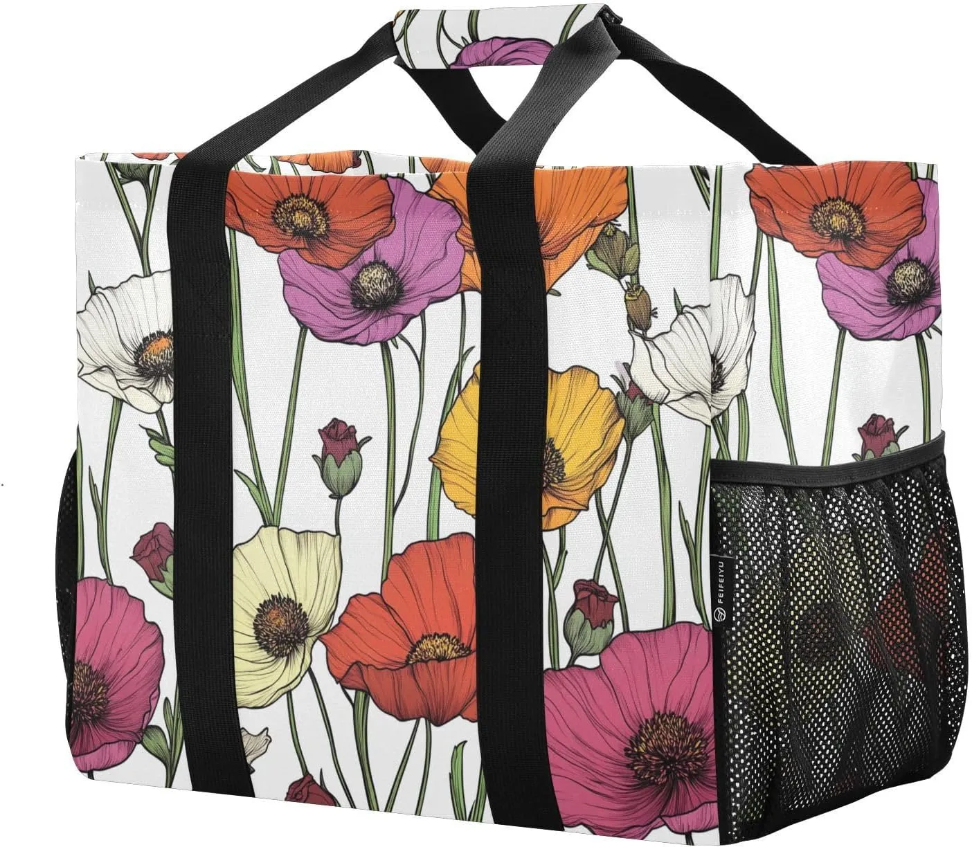 JUNZAN Cute Flowers Tote Utility Bag Collapsable Large Beach Bag With Pockets Reusable Shopping Bag with Handles Carrying Tote