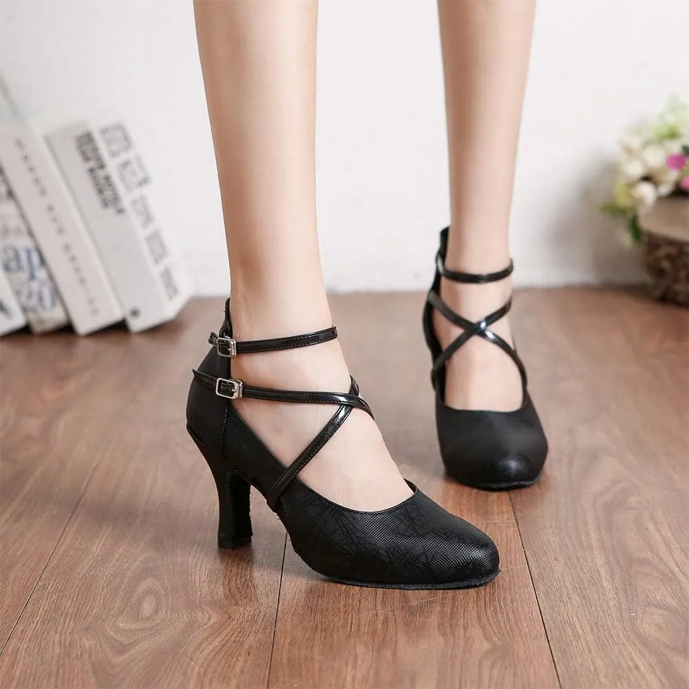 JUODVMP Womens Dance Shoes Cross-Strap Salsa Ballroom Latin Dance Shoes Closed-Toe Modle YCL335