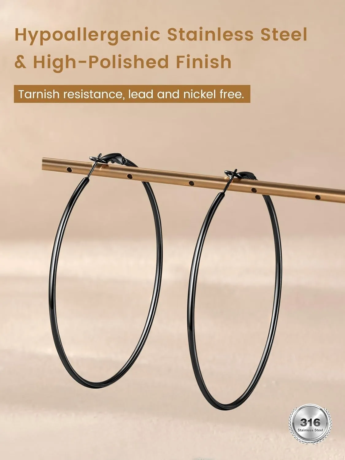 KeyStyle Gold Hoop Earrings for Women, Stainless Steel Hoops Earring Lightweight Loops, 2 mm Thick Hypoallergenic Circle Endless Thin Hoop (30 mm,50 mm,70 mm,100 mm)