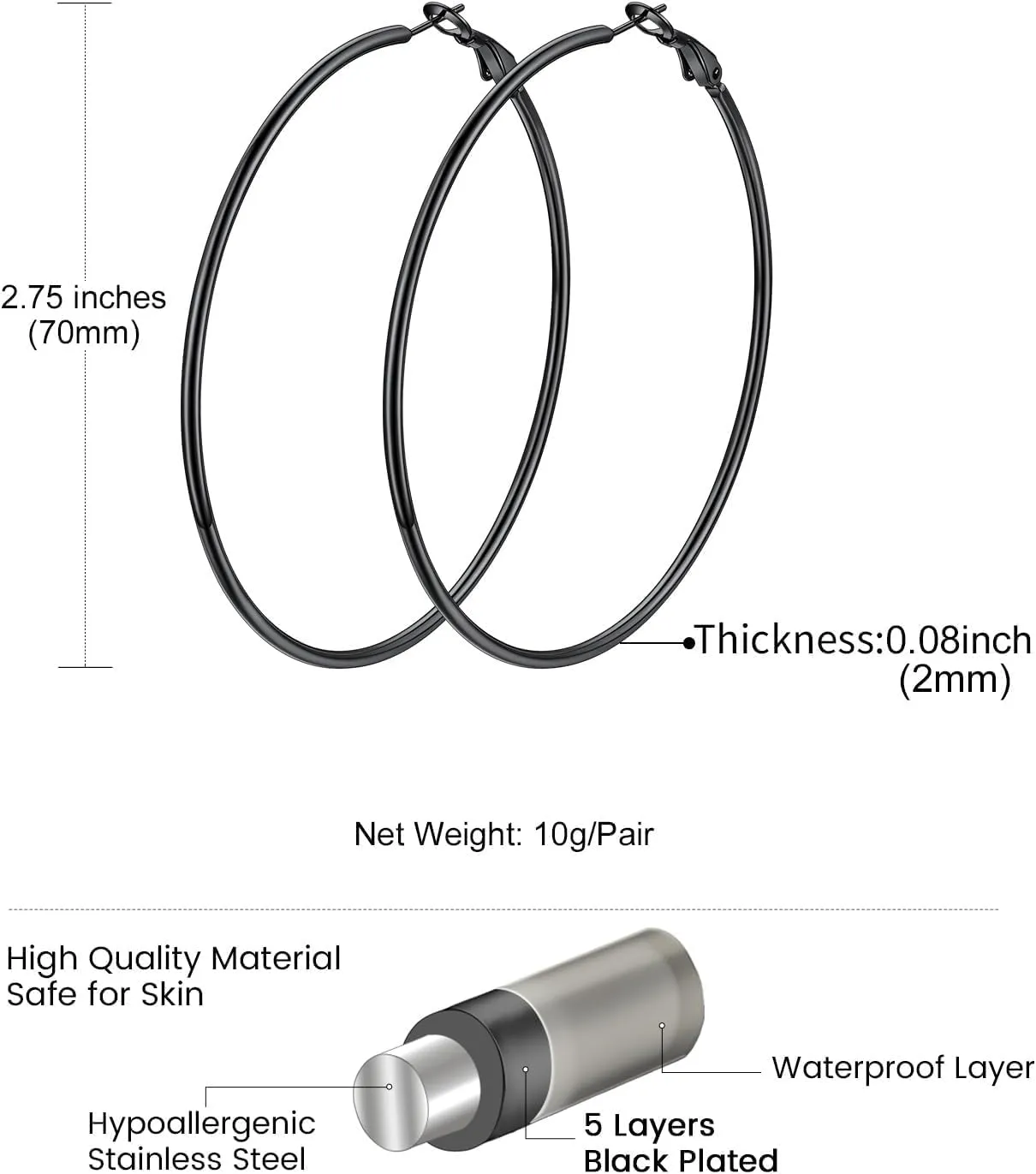 KeyStyle Gold Hoop Earrings for Women, Stainless Steel Hoops Earring Lightweight Loops, 2 mm Thick Hypoallergenic Circle Endless Thin Hoop (30 mm,50 mm,70 mm,100 mm)