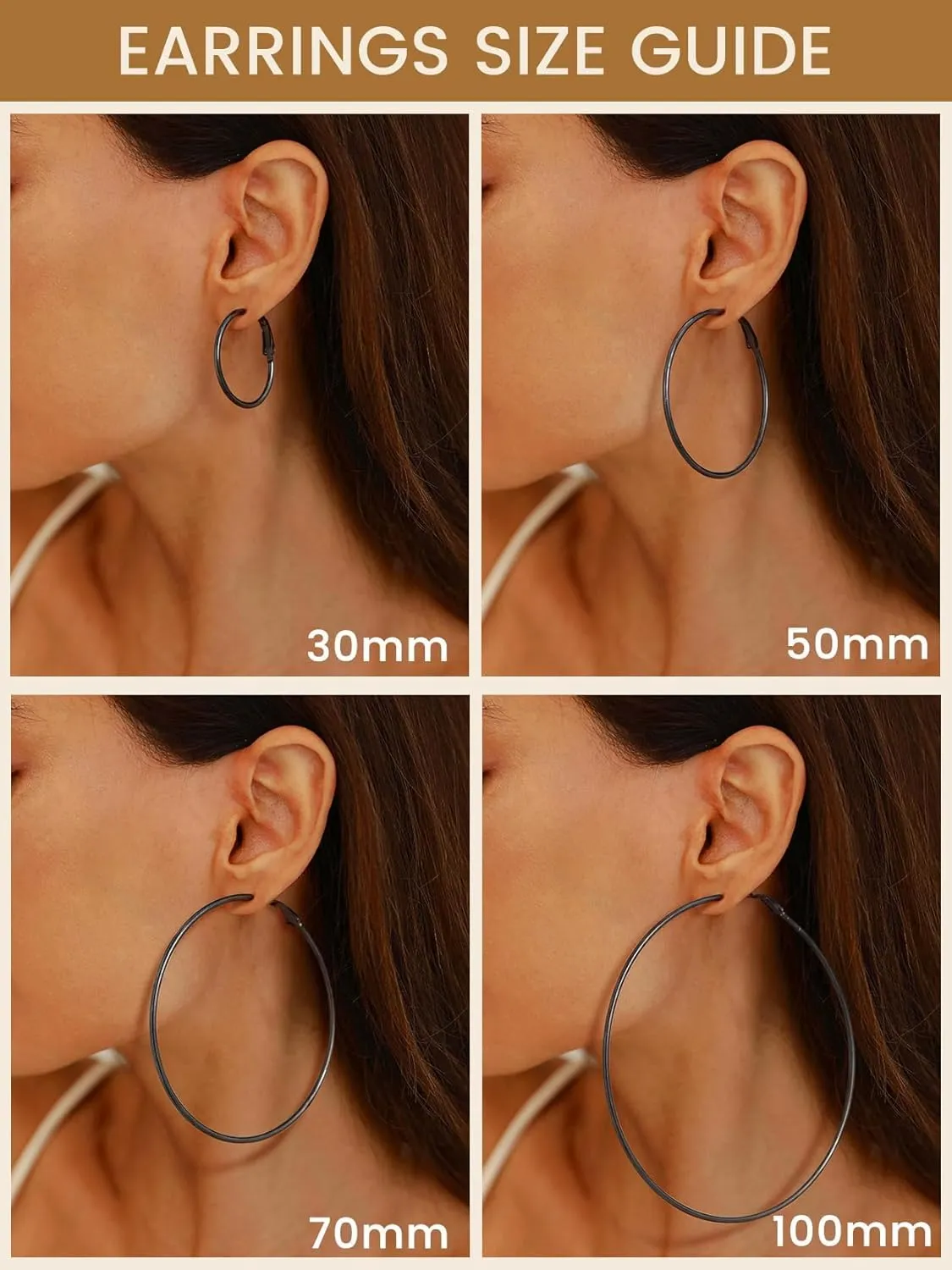 KeyStyle Gold Hoop Earrings for Women, Stainless Steel Hoops Earring Lightweight Loops, 2 mm Thick Hypoallergenic Circle Endless Thin Hoop (30 mm,50 mm,70 mm,100 mm)