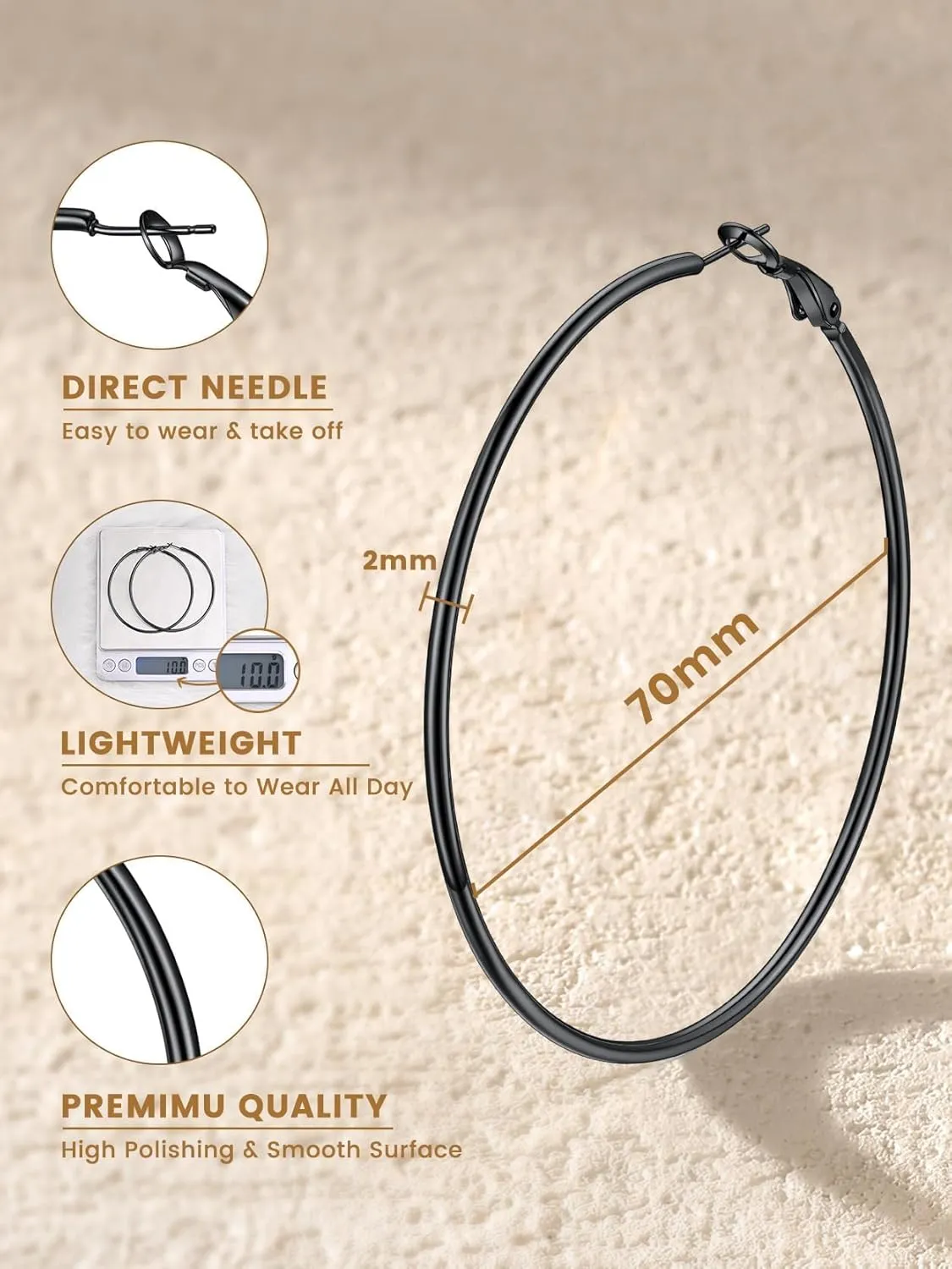 KeyStyle Gold Hoop Earrings for Women, Stainless Steel Hoops Earring Lightweight Loops, 2 mm Thick Hypoallergenic Circle Endless Thin Hoop (30 mm,50 mm,70 mm,100 mm)