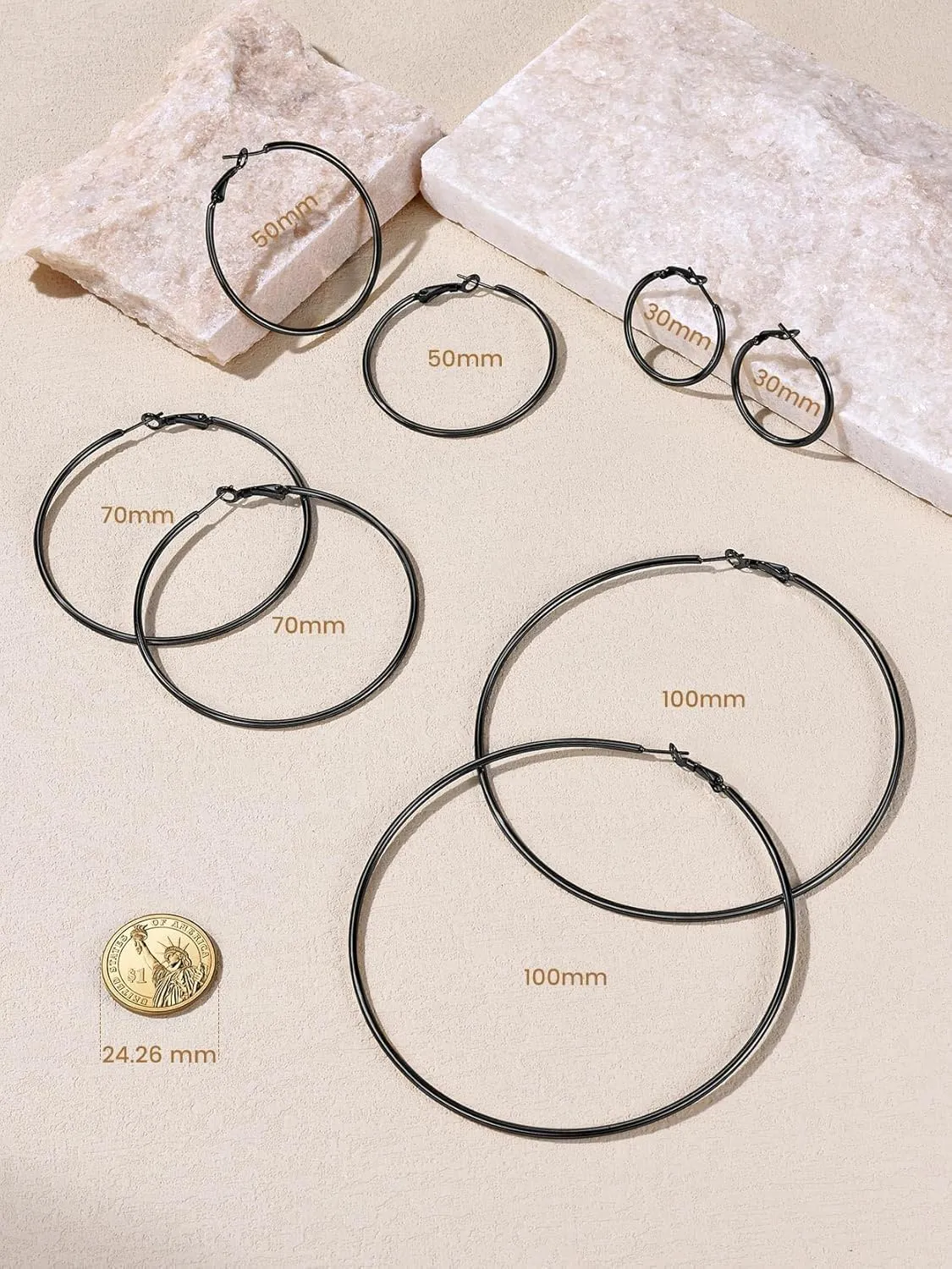 KeyStyle Gold Hoop Earrings for Women, Stainless Steel Hoops Earring Lightweight Loops, 2 mm Thick Hypoallergenic Circle Endless Thin Hoop (30 mm,50 mm,70 mm,100 mm)