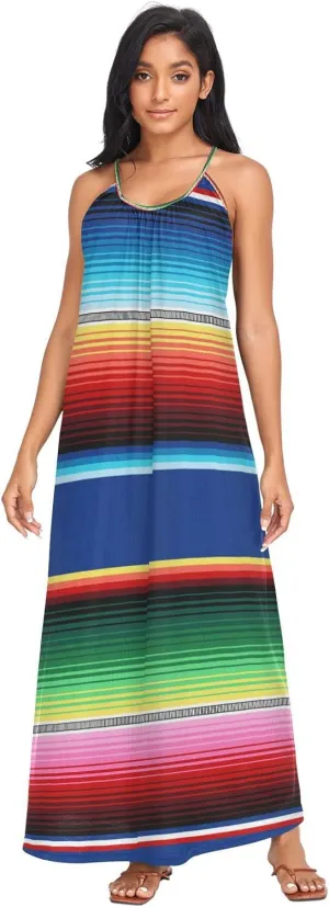 Kigai Mexican Serape Blanket Stripes Summer Maxi Dress Loose Sundress for Women Beach Cover Up Sleeveless Long Dress