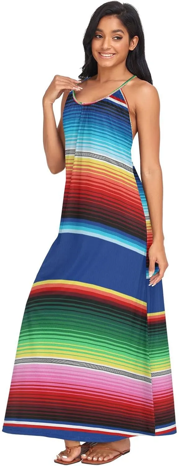 Kigai Mexican Serape Blanket Stripes Summer Maxi Dress Loose Sundress for Women Beach Cover Up Sleeveless Long Dress