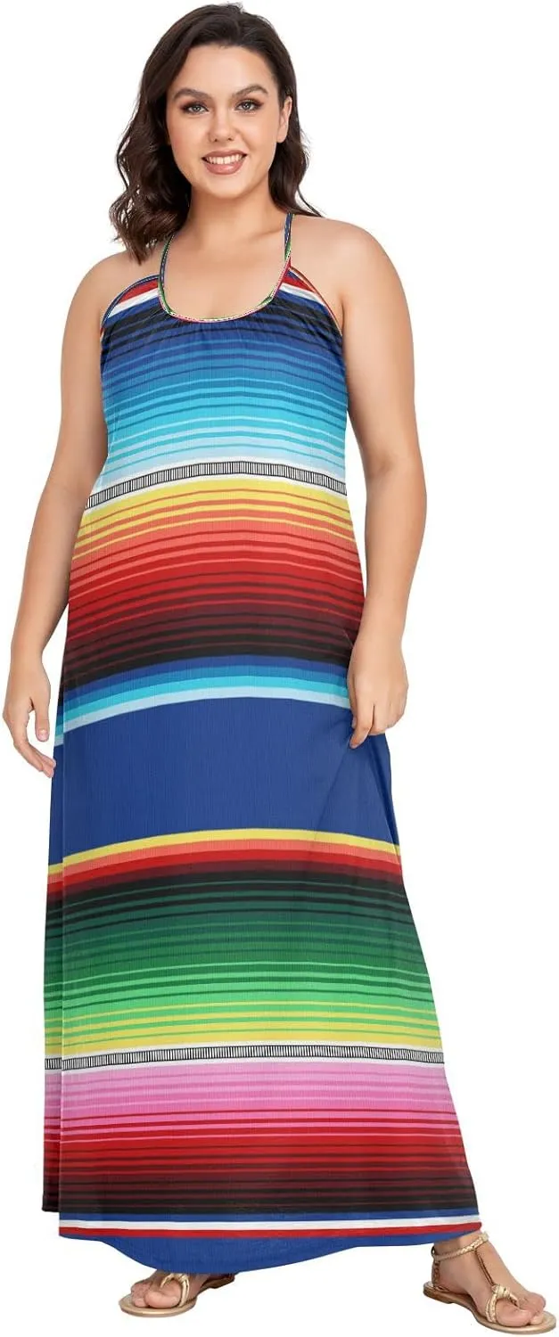 Kigai Mexican Serape Blanket Stripes Summer Maxi Dress Loose Sundress for Women Beach Cover Up Sleeveless Long Dress