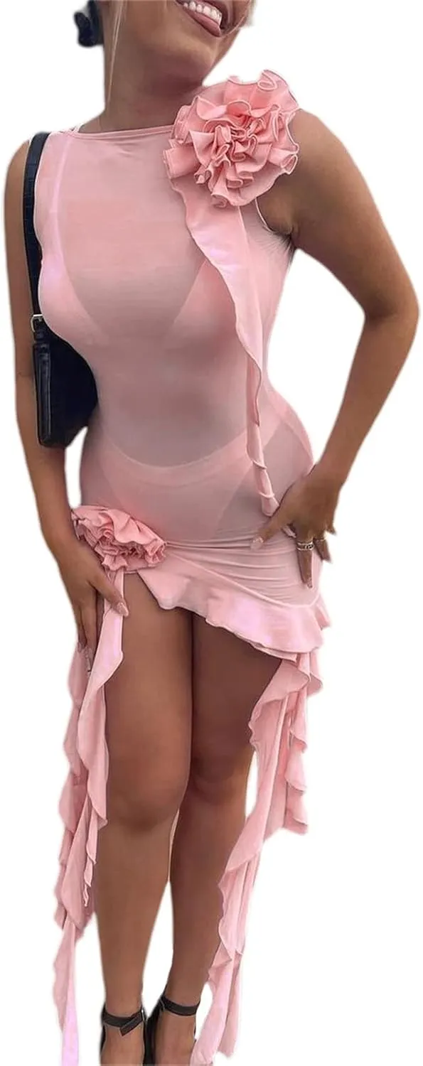 KMBANGI Women Sexy RufflesTube Dress Bodycon Floral Tassels Frill Mesh Long Dress Split Ruched Strapless Midi Dress