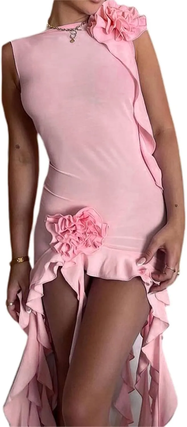 KMBANGI Women Sexy RufflesTube Dress Bodycon Floral Tassels Frill Mesh Long Dress Split Ruched Strapless Midi Dress