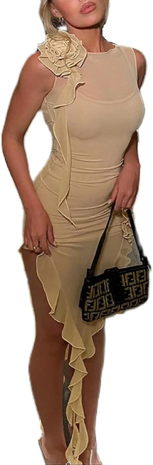 KMBANGI Women Sexy RufflesTube Dress Bodycon Floral Tassels Frill Mesh Long Dress Split Ruched Strapless Midi Dress
