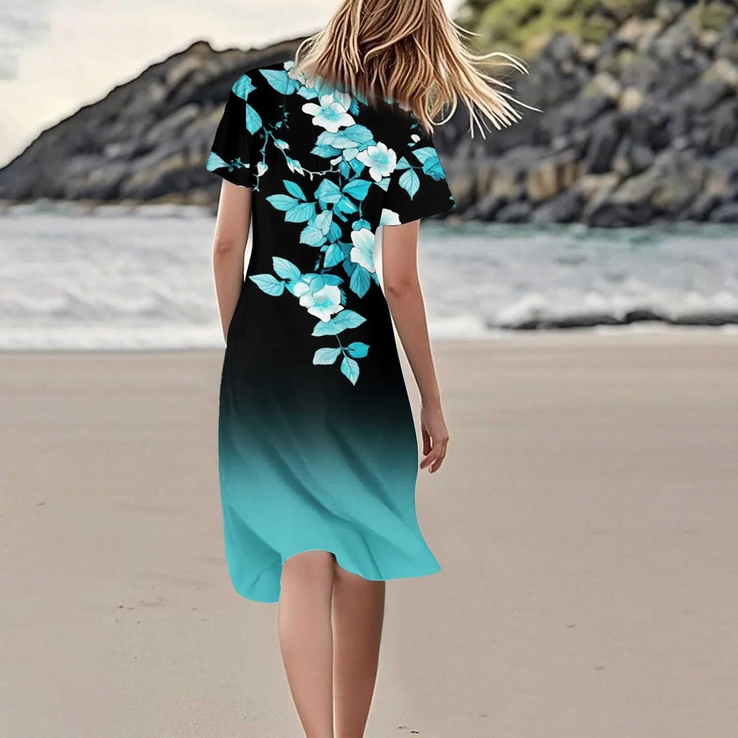 Knee Length Dress for Women Bohemian Summer Short Sleeve Summer 2025 V Neck Modest Sundress Floral Dress