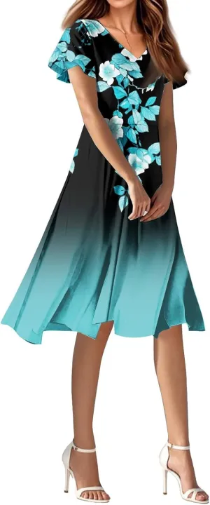 Knee Length Dress for Women Bohemian Summer Short Sleeve Summer 2025 V Neck Modest Sundress Floral Dress