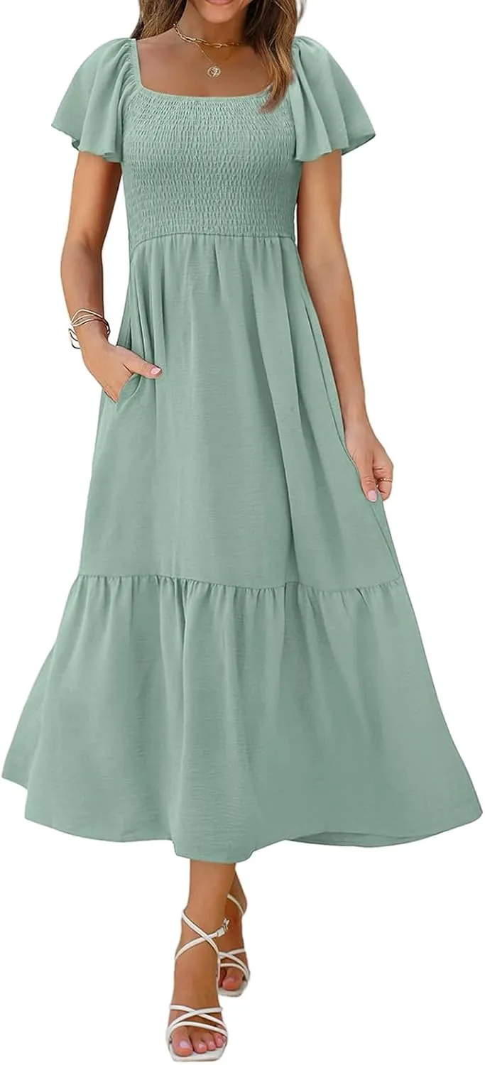 Kubbon Flutter Sleeve Dress for Women Square Neck Flowy Tiered Maxi Dresses Elegant Wedding Guest Dress with Pockets