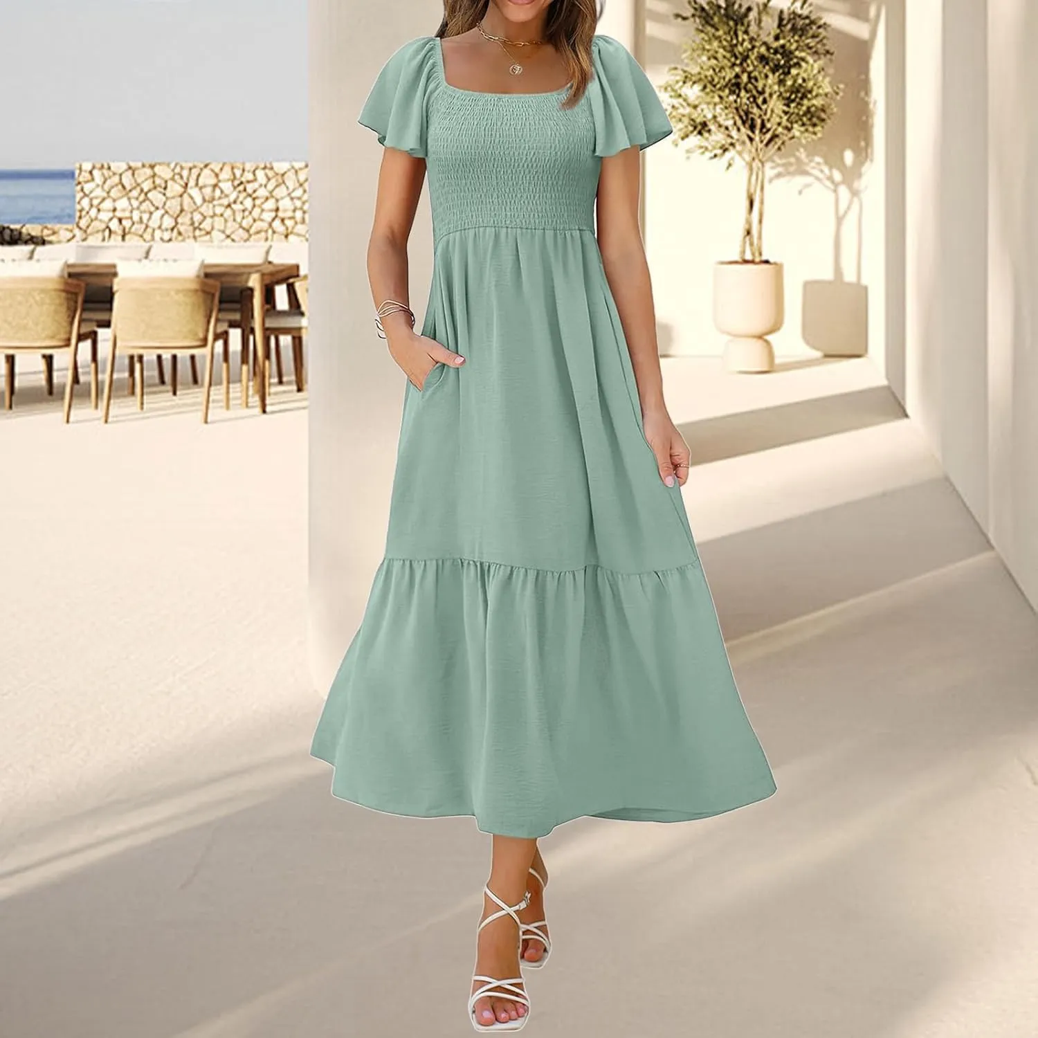 Kubbon Flutter Sleeve Dress for Women Square Neck Flowy Tiered Maxi Dresses Elegant Wedding Guest Dress with Pockets