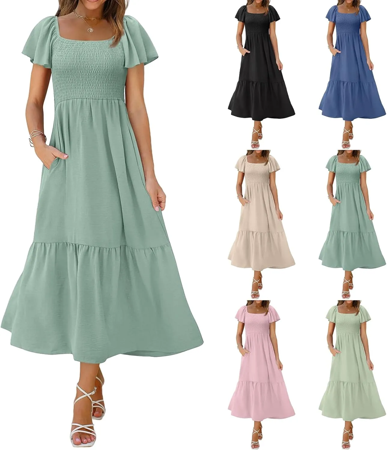 Kubbon Flutter Sleeve Dress for Women Square Neck Flowy Tiered Maxi Dresses Elegant Wedding Guest Dress with Pockets