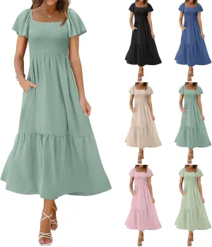 Kubbon Flutter Sleeve Dress for Women Square Neck Flowy Tiered Maxi Dresses Elegant Wedding Guest Dress with Pockets