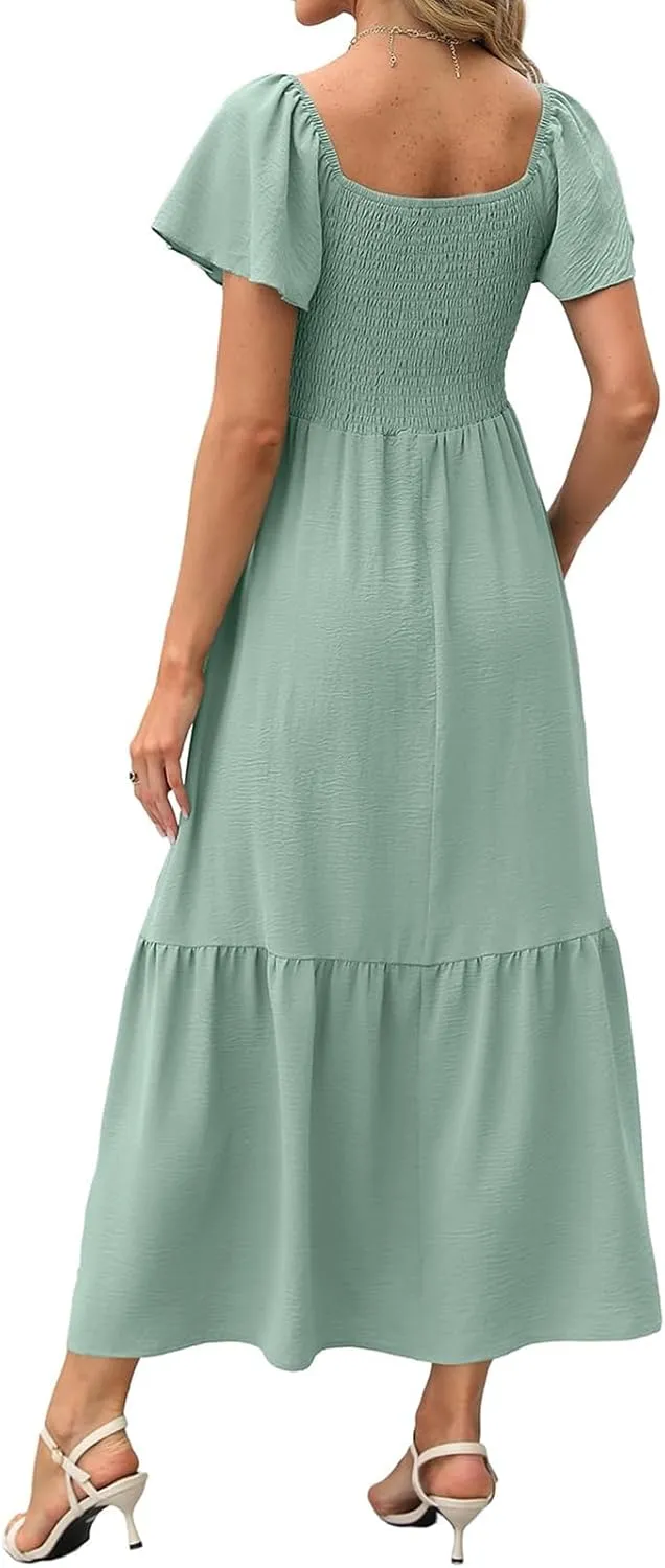 Kubbon Flutter Sleeve Dress for Women Square Neck Flowy Tiered Maxi Dresses Elegant Wedding Guest Dress with Pockets