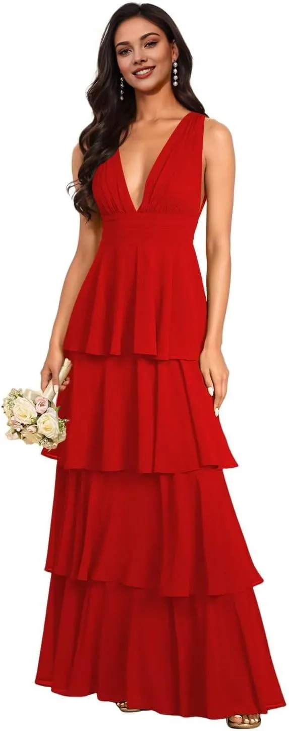 Kyeuan Tiered Ruffles Spring Bridesmaid Dresses for Women Layered Chiffon Formal Evening Gown Deep V Neck Prom Dresses 2025