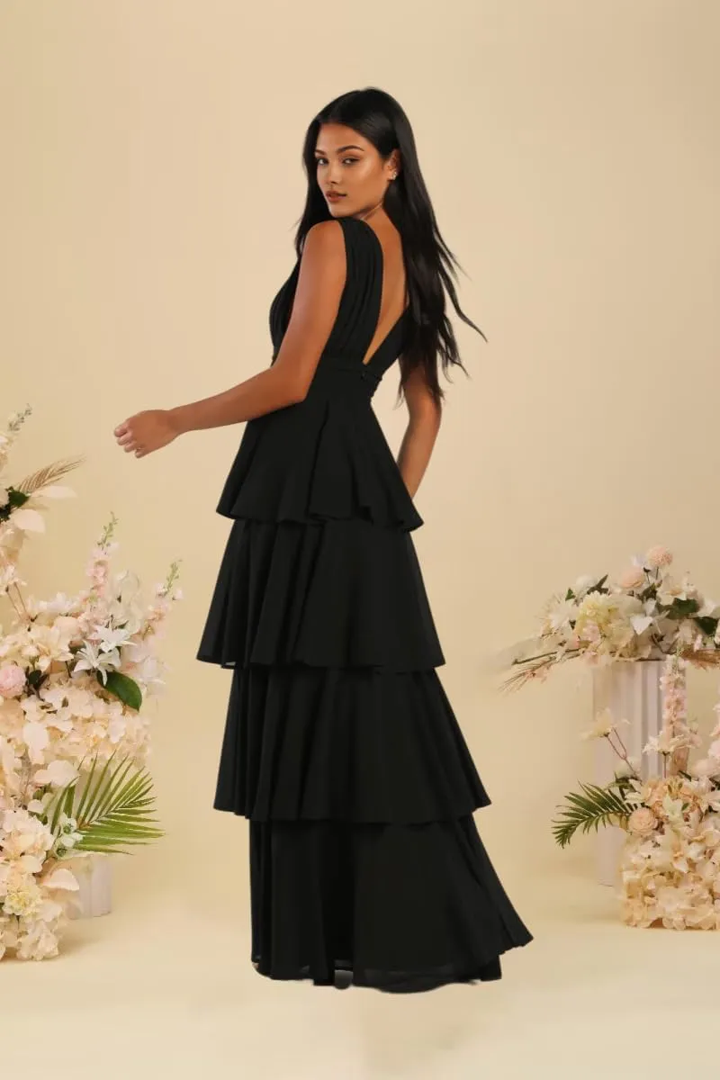 Kyeuan Tiered Ruffles Spring Bridesmaid Dresses for Women Layered Chiffon Formal Evening Gown Deep V Neck Prom Dresses 2025