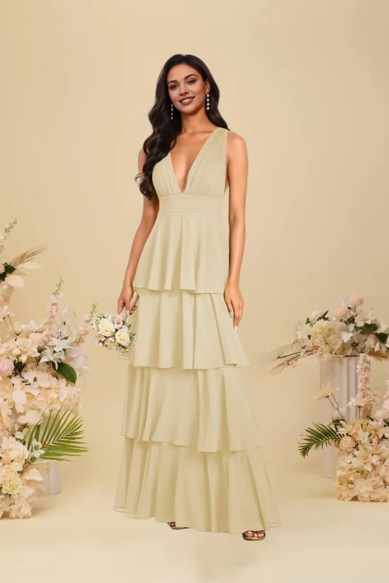 Kyeuan Tiered Ruffles Spring Bridesmaid Dresses for Women Layered Chiffon Formal Evening Gown Deep V Neck Prom Dresses 2025
