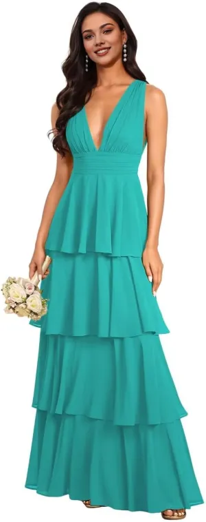 Kyeuan Tiered Ruffles Spring Bridesmaid Dresses for Women Layered Chiffon Formal Evening Gown Deep V Neck Prom Dresses 2025