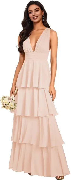 Kyeuan Tiered Ruffles Spring Bridesmaid Dresses for Women Layered Chiffon Formal Evening Gown Deep V Neck Prom Dresses 2025