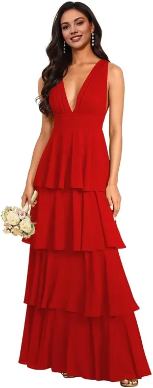 Kyeuan Tiered Ruffles Spring Bridesmaid Dresses for Women Layered Chiffon Formal Evening Gown Deep V Neck Prom Dresses 2025