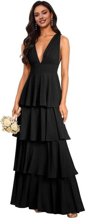 Kyeuan Tiered Ruffles Spring Bridesmaid Dresses for Women Layered Chiffon Formal Evening Gown Deep V Neck Prom Dresses 2025