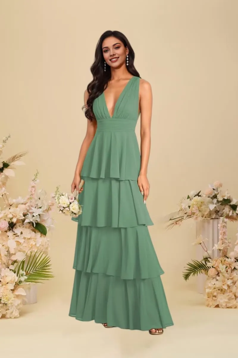 Kyeuan Tiered Ruffles Spring Bridesmaid Dresses for Women Layered Chiffon Formal Evening Gown Deep V Neck Prom Dresses 2025