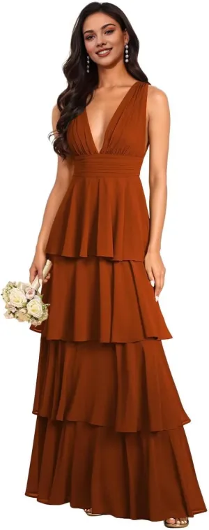 Kyeuan Tiered Ruffles Spring Bridesmaid Dresses for Women Layered Chiffon Formal Evening Gown Deep V Neck Prom Dresses 2025