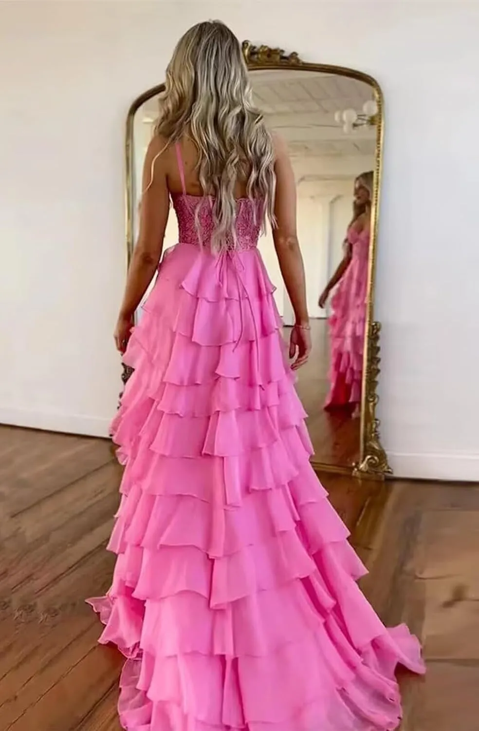 Lace Applique Prom Dresses for Women 2025 with Slit Chiffon Tiered Formal Evening Dresses Sweetheart Ball Gowns