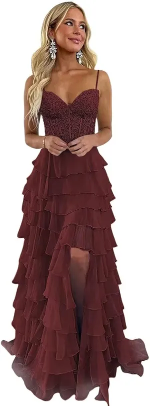 Lace Applique Prom Dresses for Women 2025 with Slit Chiffon Tiered Formal Evening Dresses Sweetheart Ball Gowns