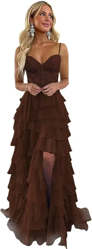Lace Applique Prom Dresses for Women 2025 with Slit Chiffon Tiered Formal Evening Dresses Sweetheart Ball Gowns