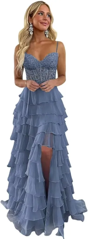 Lace Applique Prom Dresses for Women 2025 with Slit Chiffon Tiered Formal Evening Dresses Sweetheart Ball Gowns