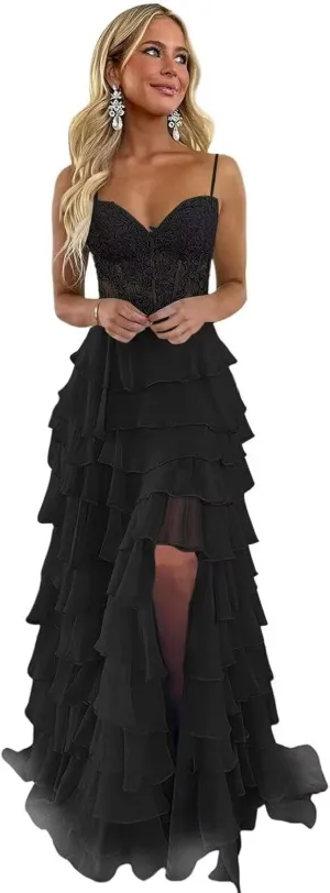 Lace Applique Prom Dresses for Women 2025 with Slit Chiffon Tiered Formal Evening Dresses Sweetheart Ball Gowns