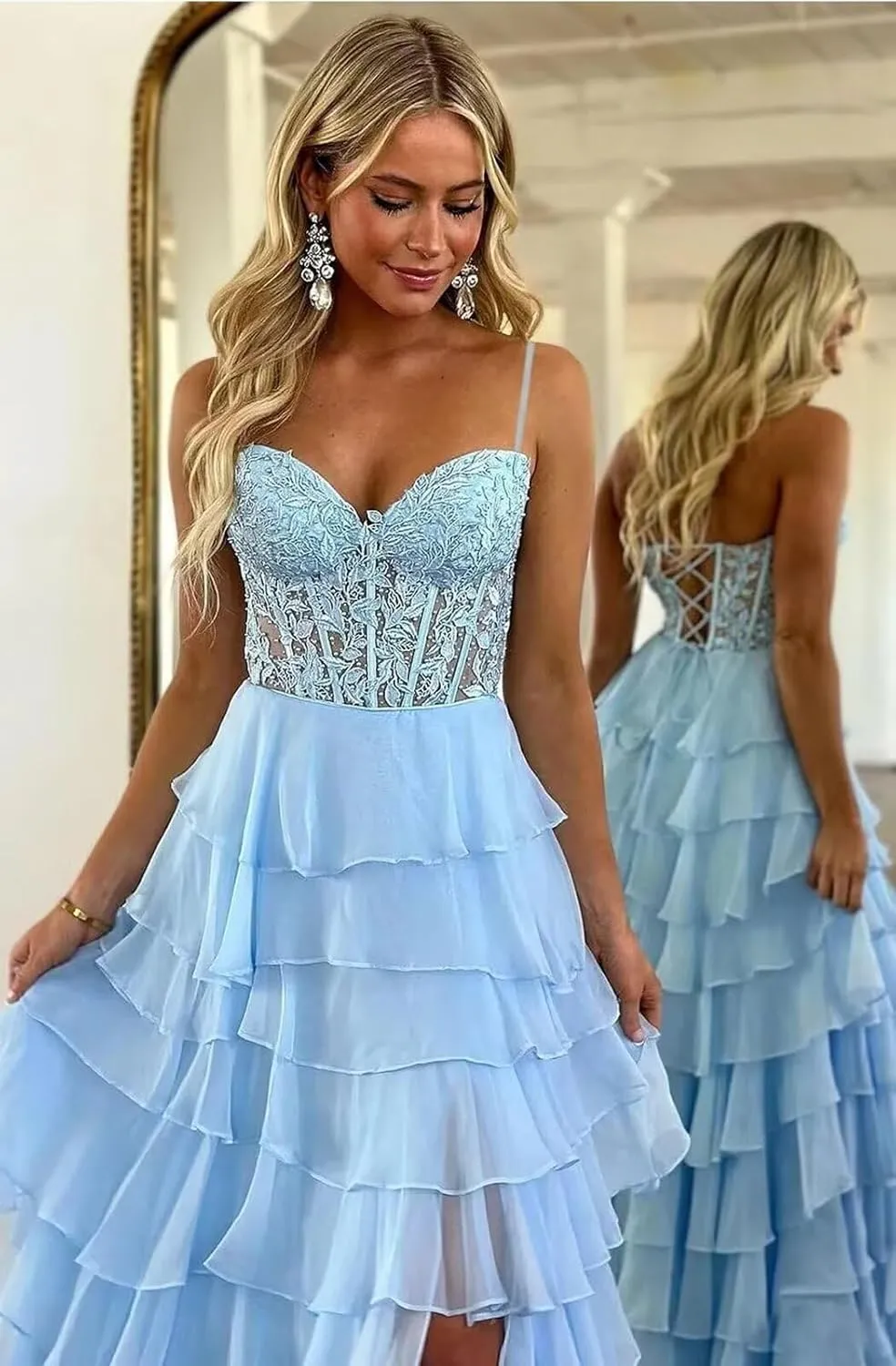 Lace Applique Prom Dresses for Women 2025 with Slit Chiffon Tiered Formal Evening Dresses Sweetheart Ball Gowns