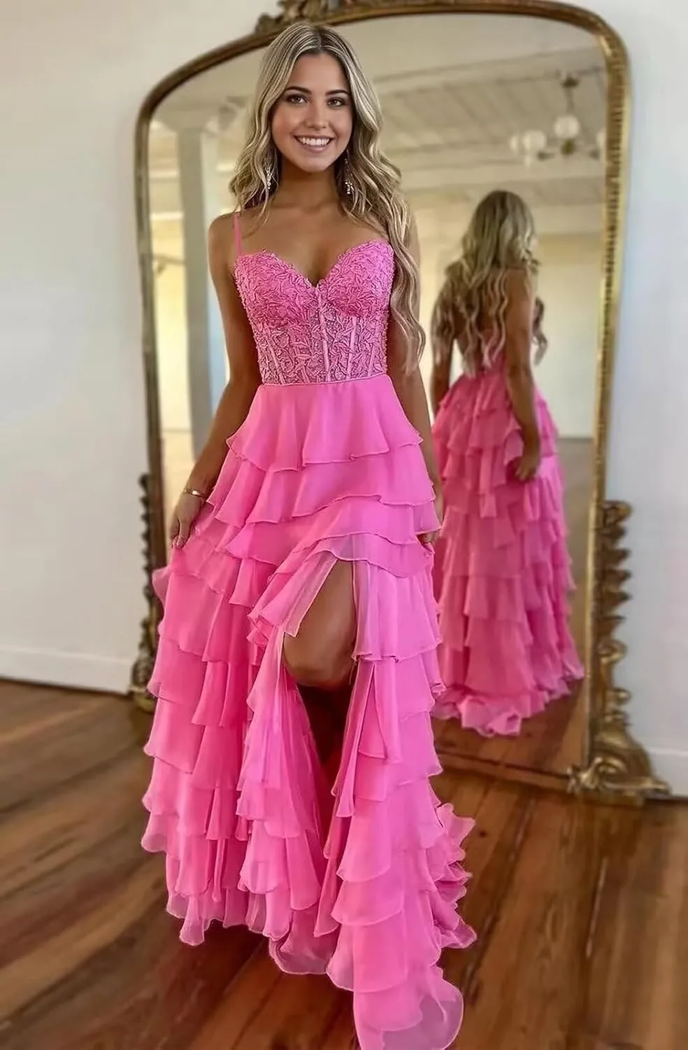 Lace Applique Prom Dresses for Women 2025 with Slit Chiffon Tiered Formal Evening Dresses Sweetheart Ball Gowns