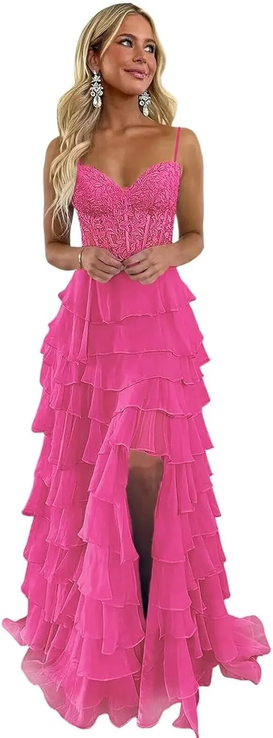 Lace Applique Prom Dresses for Women 2025 with Slit Chiffon Tiered Formal Evening Dresses Sweetheart Ball Gowns