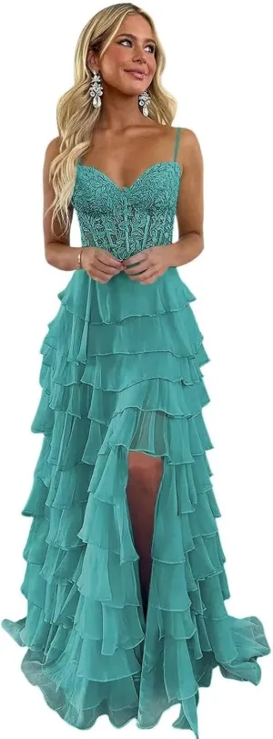 Lace Applique Prom Dresses for Women 2025 with Slit Chiffon Tiered Formal Evening Dresses Sweetheart Ball Gowns