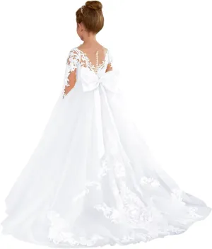 Lace Flower Girl Dress for Wedding Party Puffy Tulle Elegant Floor Long Princess First Communion Gown with Bow