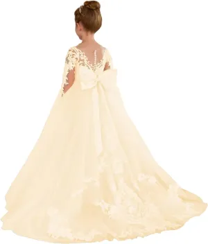 Lace Flower Girl Dress for Wedding Party Puffy Tulle Elegant Floor Long Princess First Communion Gown with Bow