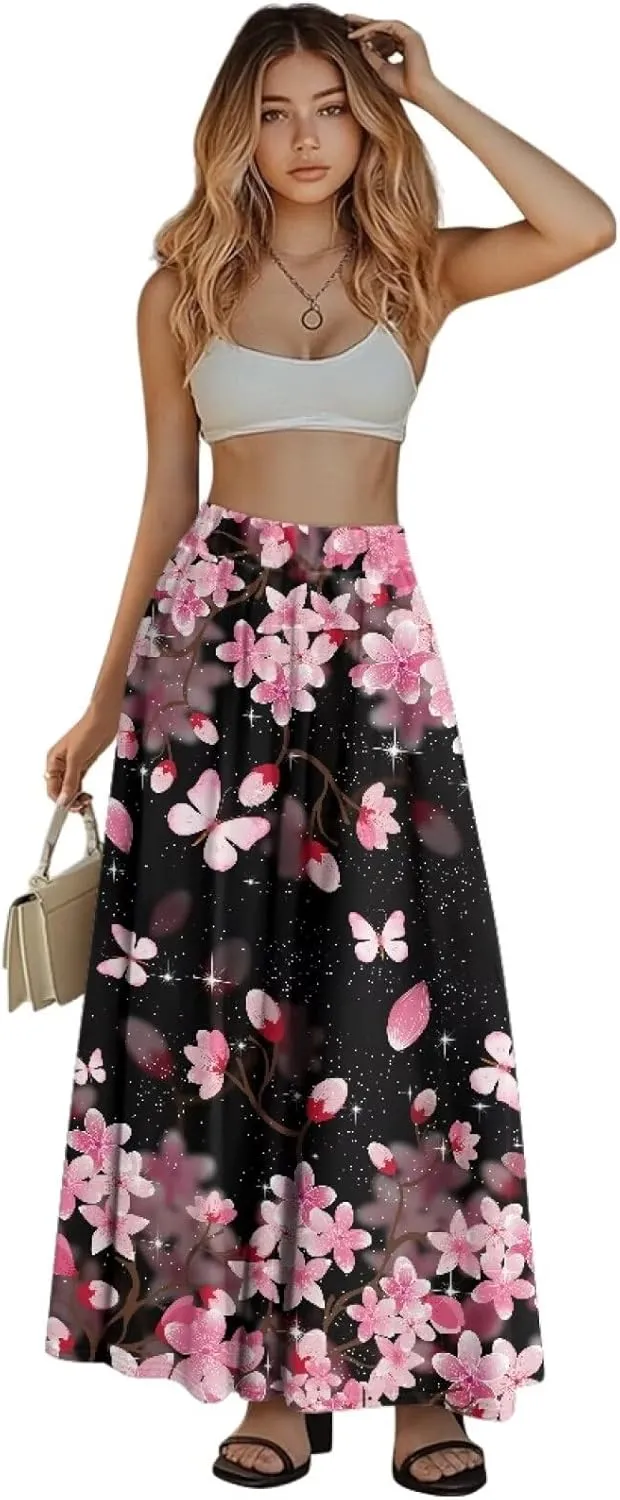Ladies Pleated Summer Fall Skirts A Line Maxi Skirts Elegant Midi Length Skirts Lightweight Below The Knee Skirts