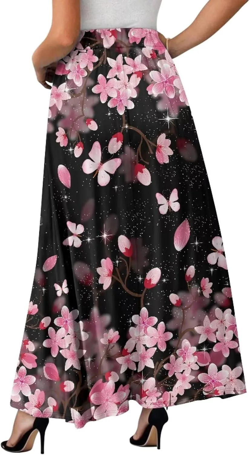 Ladies Pleated Summer Fall Skirts A Line Maxi Skirts Elegant Midi Length Skirts Lightweight Below The Knee Skirts