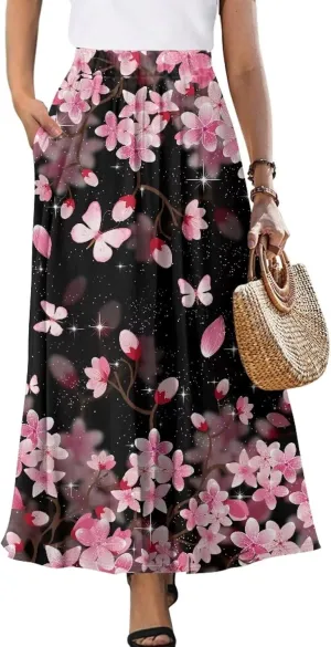 Ladies Pleated Summer Fall Skirts A Line Maxi Skirts Elegant Midi Length Skirts Lightweight Below The Knee Skirts