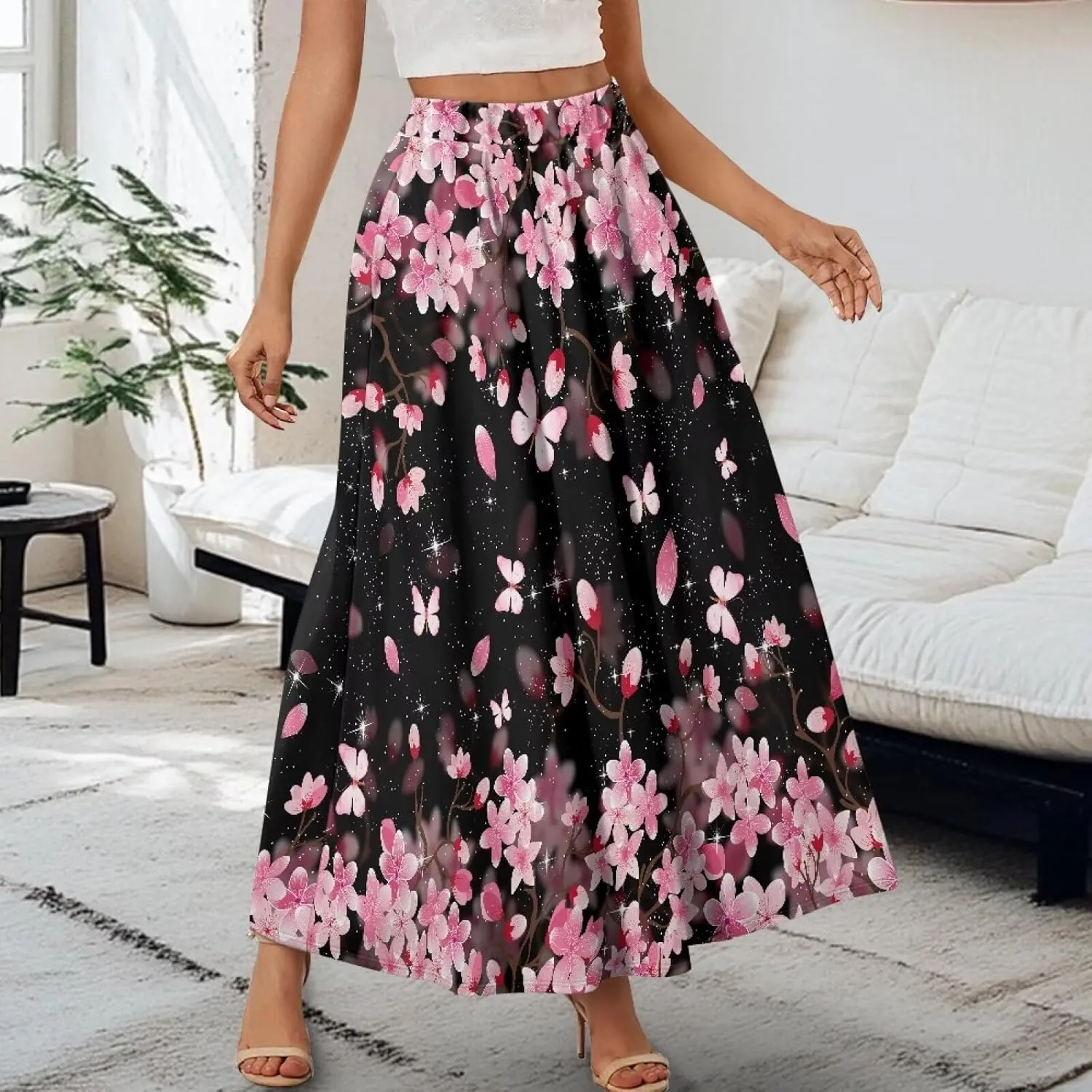 Ladies Pleated Summer Fall Skirts A Line Maxi Skirts Elegant Midi Length Skirts Lightweight Below The Knee Skirts