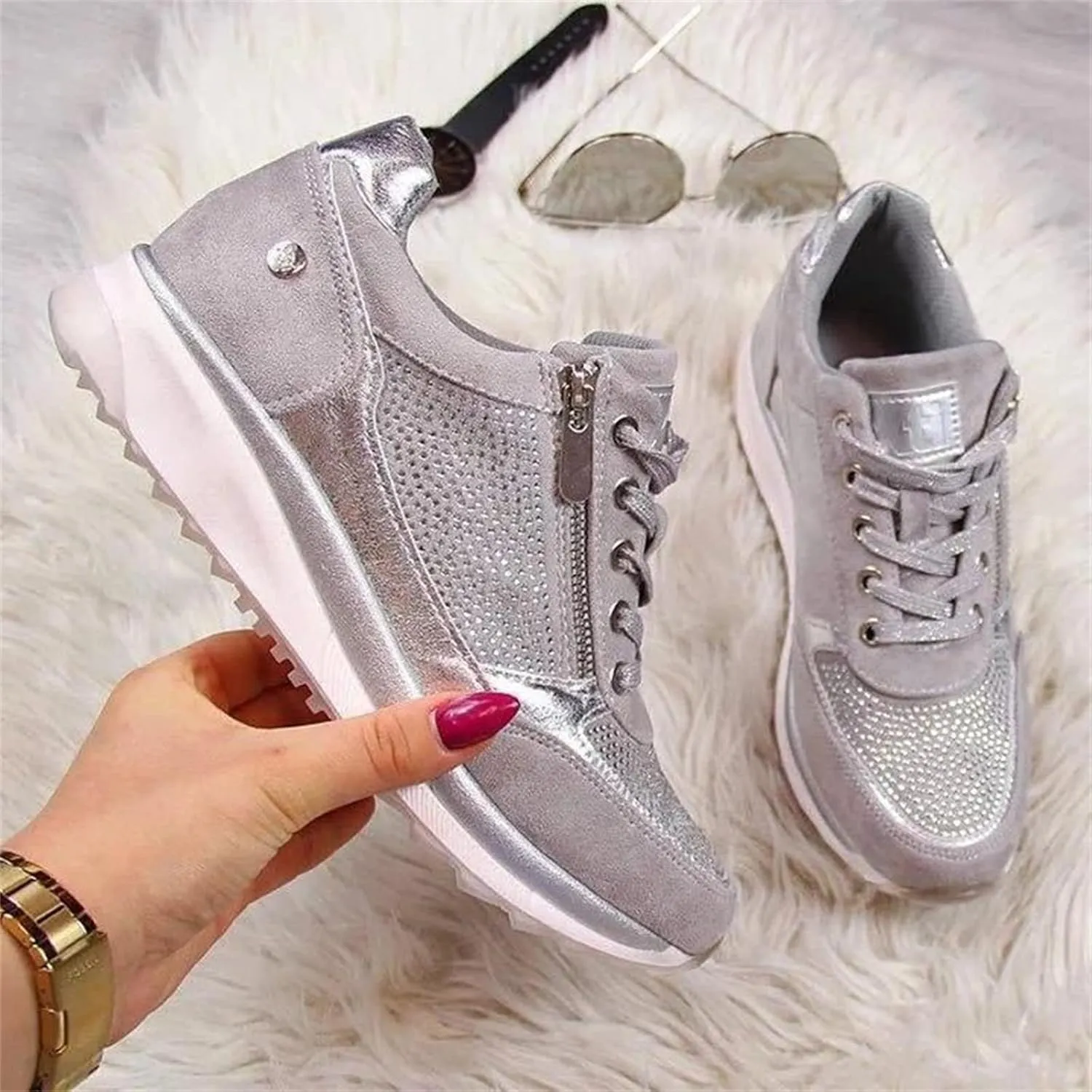 Ladmiple Sneakers For Women Walking Shoes Wide Width Slip on Glitter Shoes Fashion Sparkly Dressy Summer Flats Loafers
