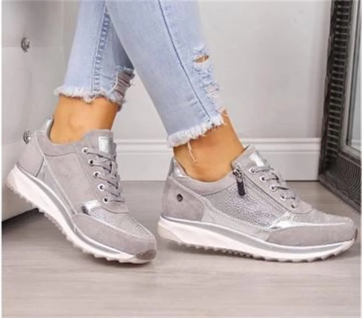 Ladmiple Sneakers For Women Walking Shoes Wide Width Slip on Glitter Shoes Fashion Sparkly Dressy Summer Flats Loafers