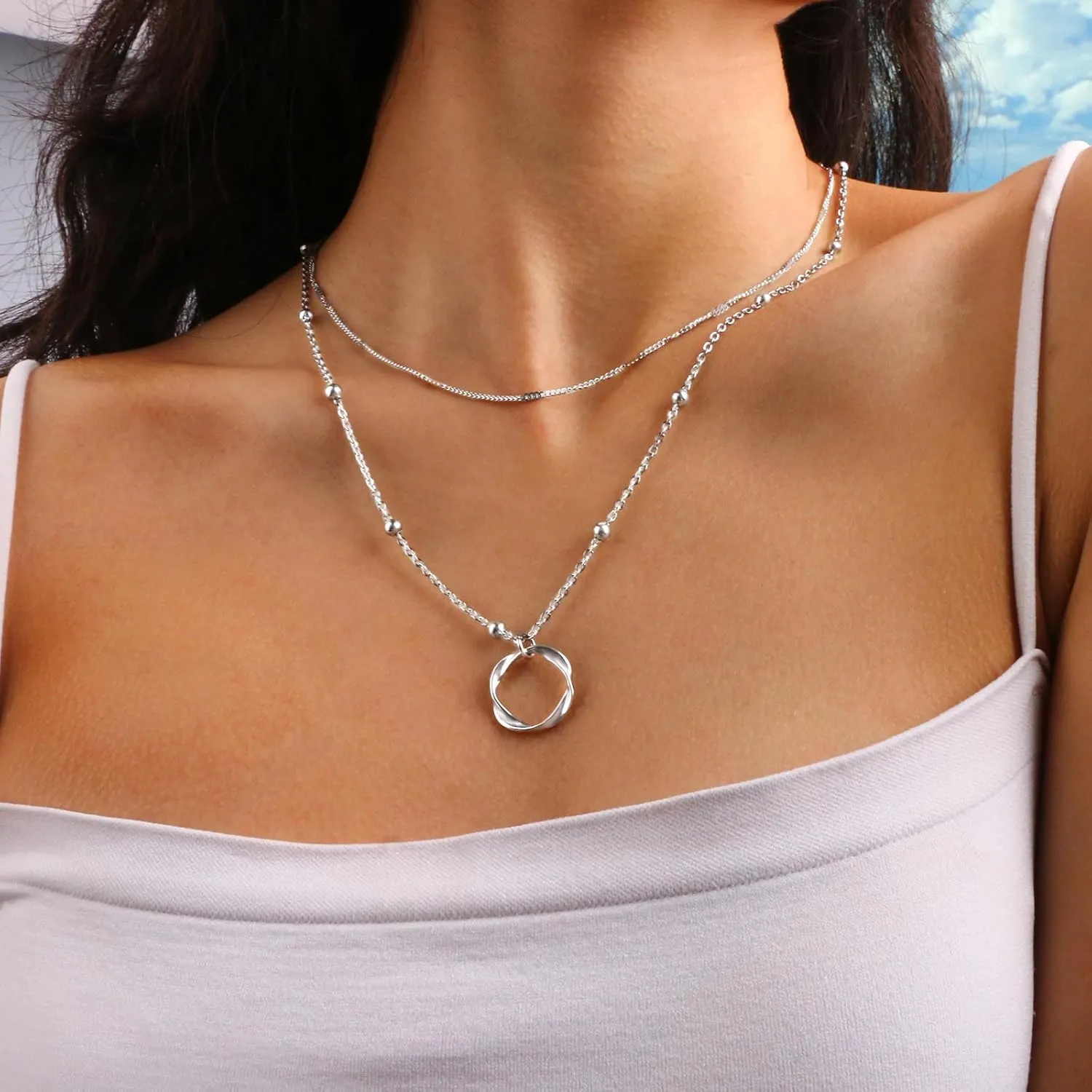 Layered Gold Silver Necklaces for Women,Stack 14K 18K Gold Plated Silver Necklaces Layering Circle Long Trendy Chunky Chain Necklace Set Dainty Bar Jewelry