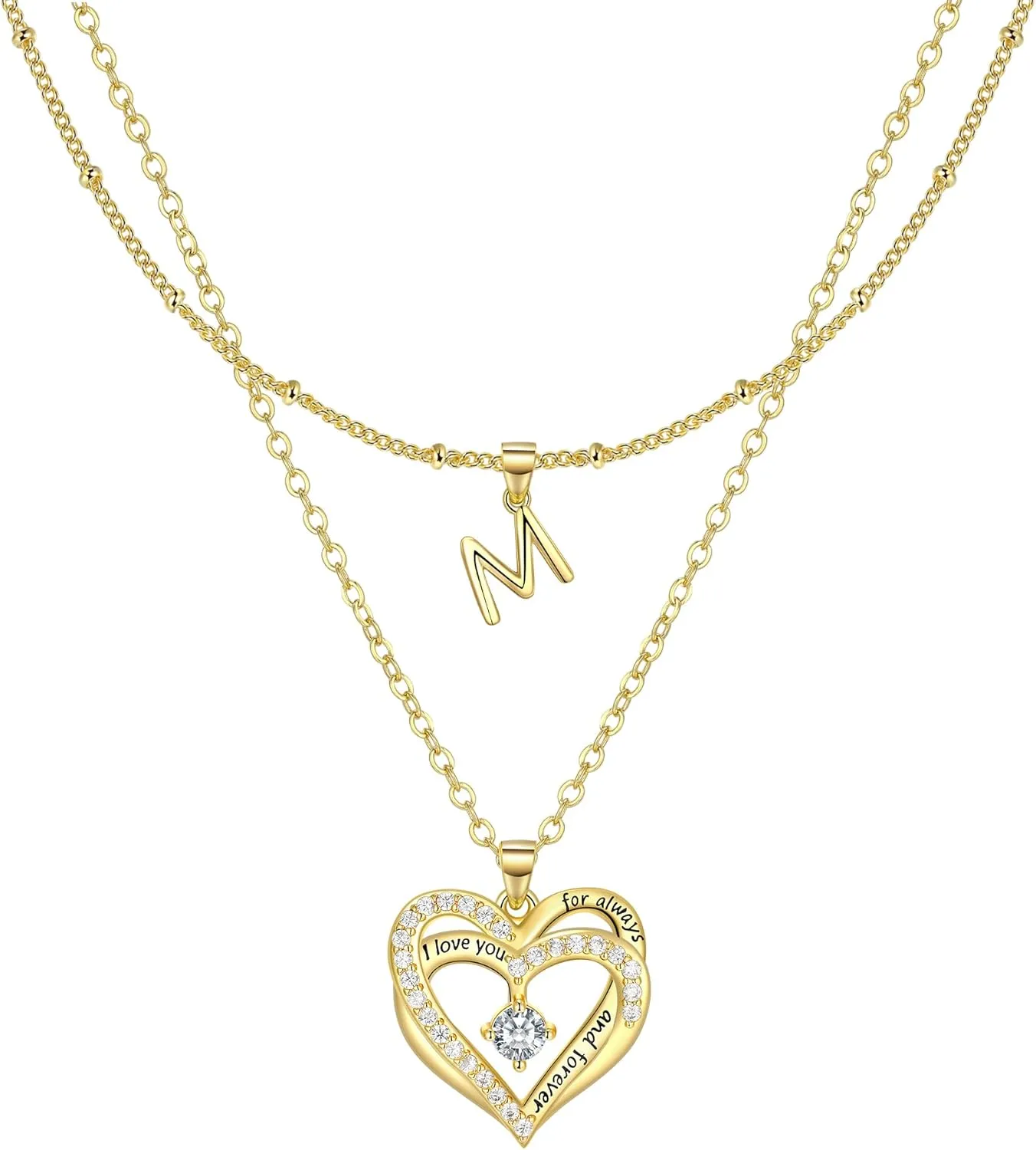 Layered Heart Necklaces for Women, 14k Gold Plated Layering Cubic Zirconia Heart Pendant Initial A-Z Choker Necklaces, Adjustable Chain Necklaces Jewelry Gift for Women Wife Mom